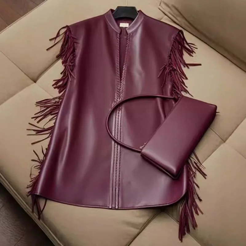 Maillard Fashion Retro High Sense Ankola Red Fringed Leather Jacket Vest Women High Quality and High Appearance Level Jackets