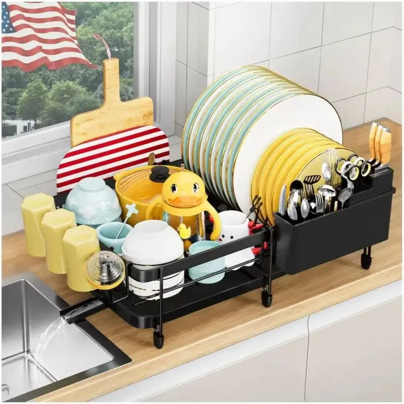 

Expandable stainless steel dish drying rack set with drainboard, 360° swivel spout, adjustable shelves, utensil holder, compact