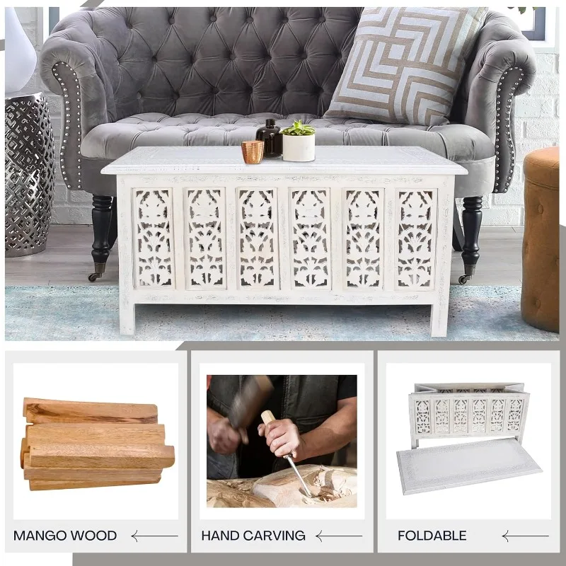 Antique White Mango Wood Coffee Table – 36"x18" Rectangular Living Room Center Table, Rustic Wood Accent Table f