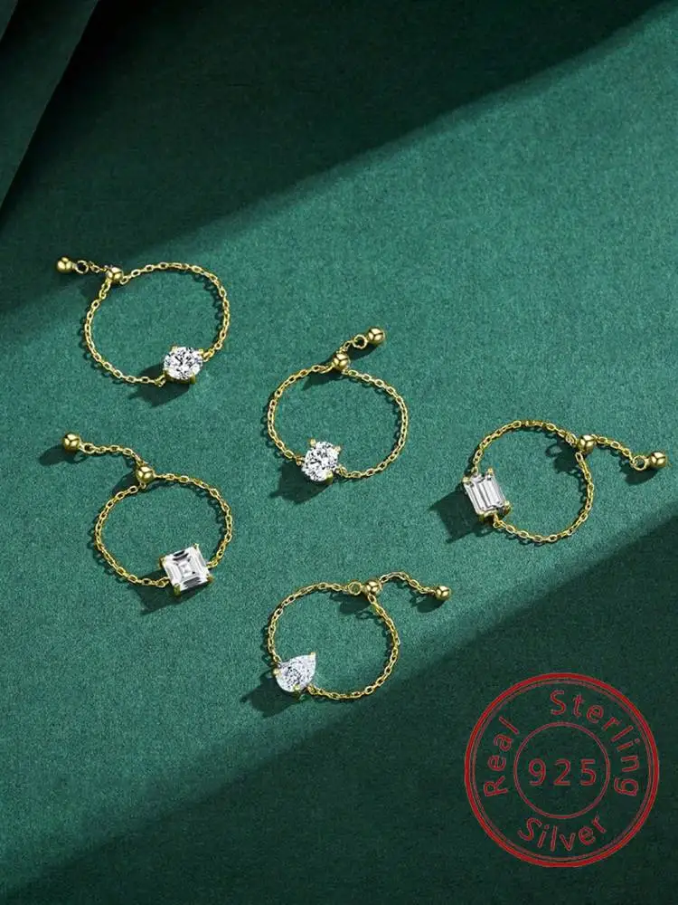 

925 Sterling Silver Oval Water Drop Round Shape Zircon Chain Adjustable Ring For Women Anniversary Daily Wear Fine Jewelry