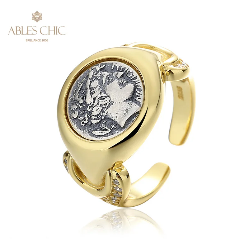 Ables Chic Greek Apollo Silver Coin Solid 925 Silver Roman Coins Open Vintage Ring R1017