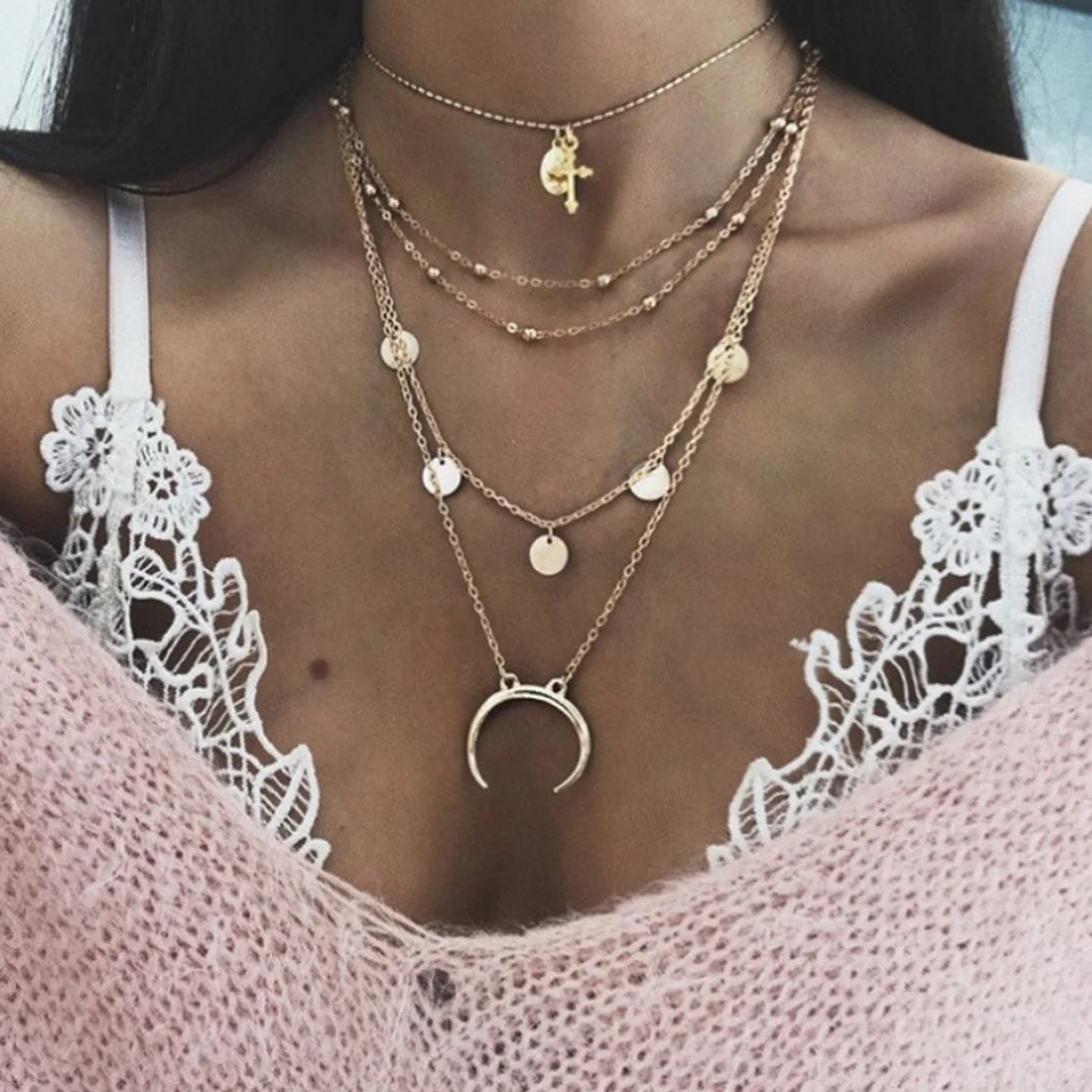 

Многослойное ожерелье с подвеской в виде Луны, золотые простые модные ювелирные изделия, подарок, аксессуары на шею для женщин, элегантная вечеринка, день рождения