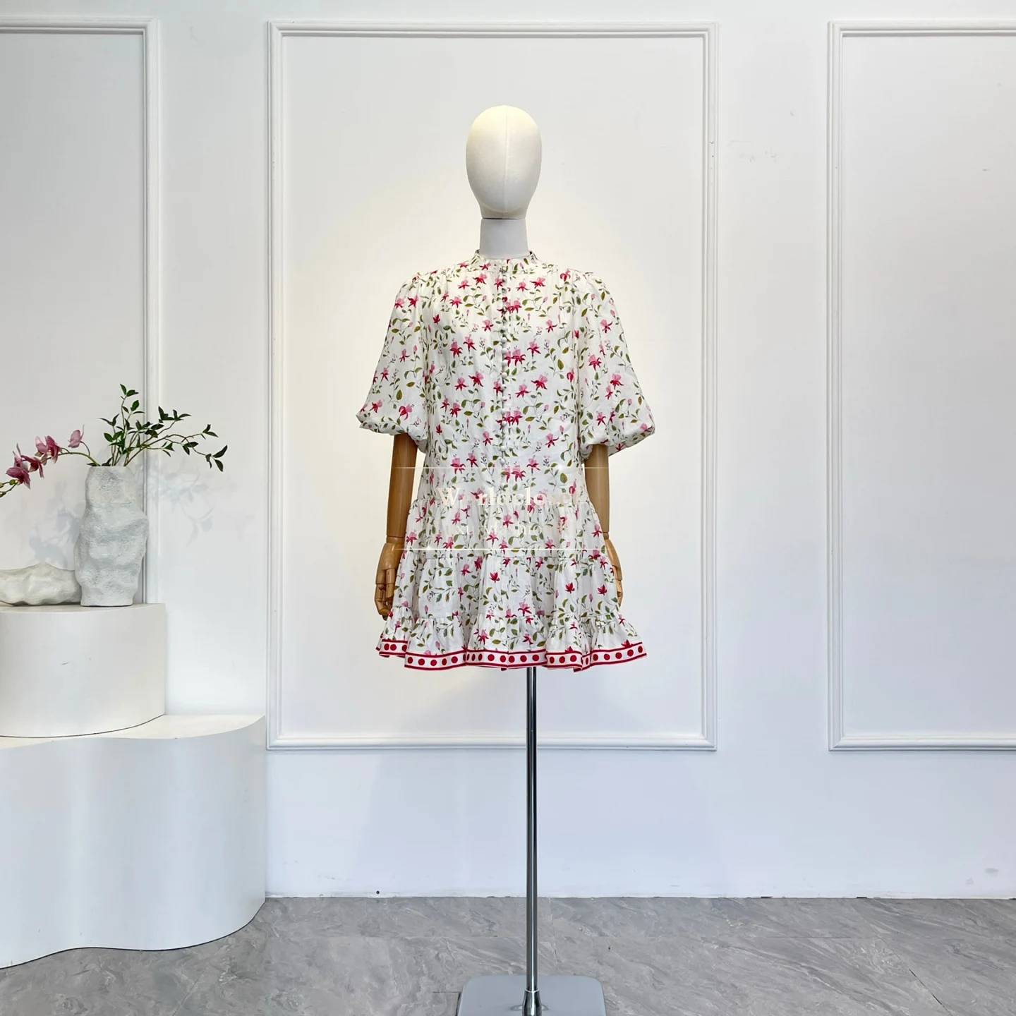 

White Floral Print Red Polka Dot Trim Puff Sleeve Belted Tiered Ruffle Casual Mini Dress