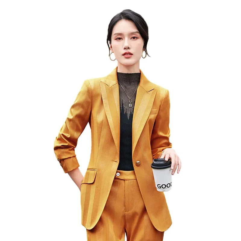Pop Women Blazer Pants Sets Yellow Two Pieces 2024 Autumn Workwear Trousers Formal Striped Navy Blue Long Sleeve Tops Pantsuit