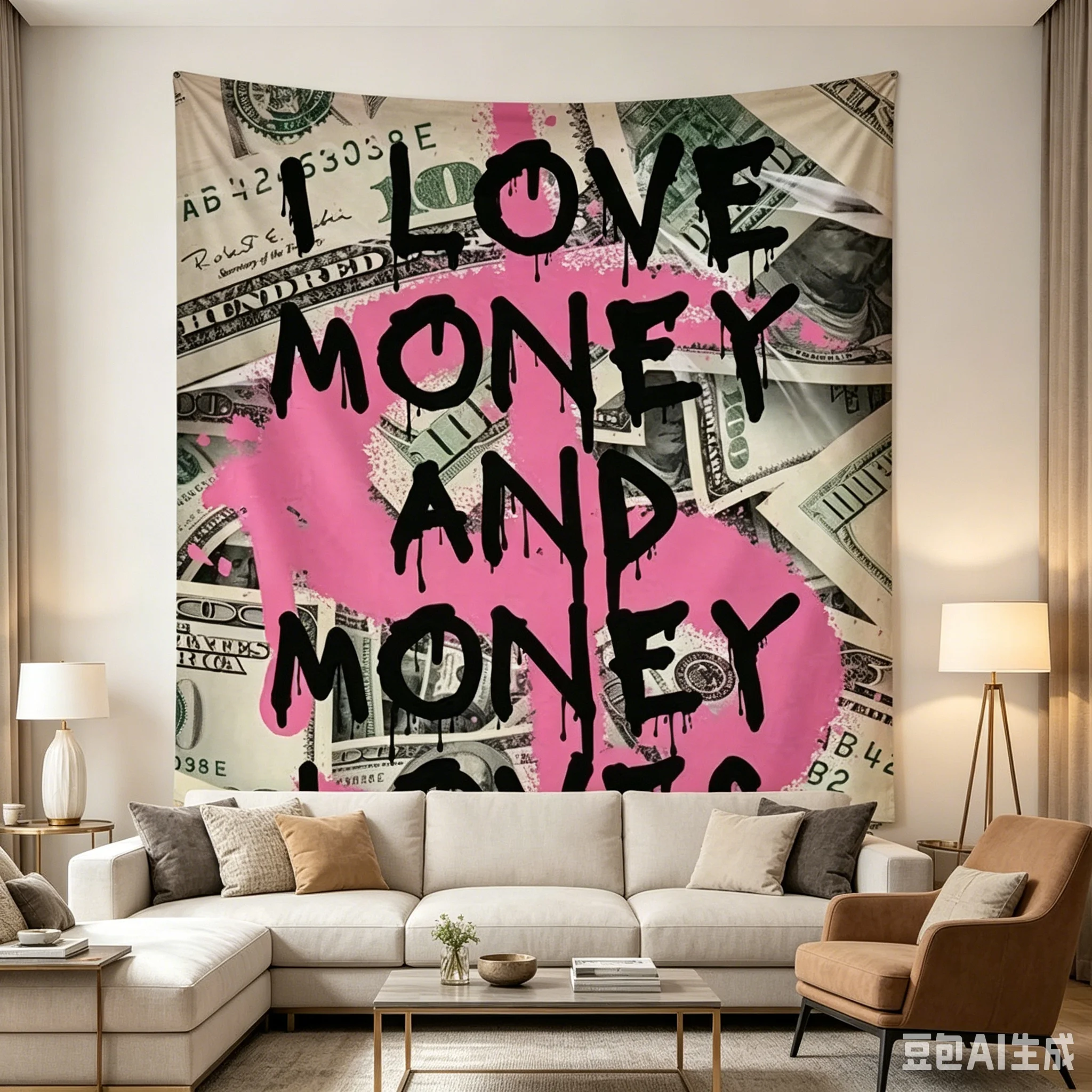 1pc I Love Money Dollar Bill Tapestry, Graffiti Quote Wall Hanging, Cool Room Stuff, Large Size, Polyester 2D Print, Bedroom Stu