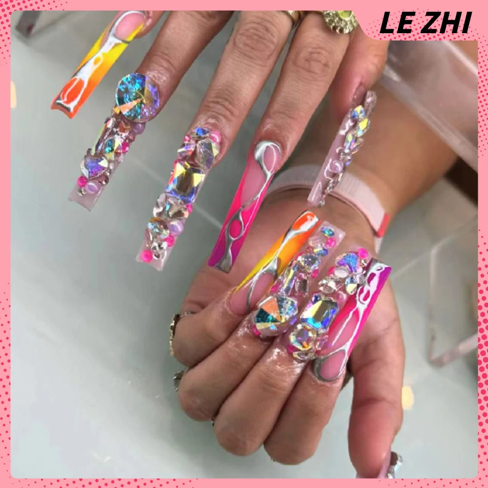 Pegatina de uñas de fiesta falsa con diamantes de lujo 3D completamente perforados hecha a mano, pegatina de uñas de fiesta con diamantes de imitación y purpurina de sentido avanzado