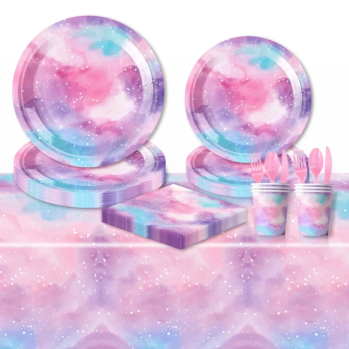 Pink Space Galaxy Party Supplies Tableware Set Plates Napkins Cups Galaxy Outer Space Theme Birthday Party Decoration