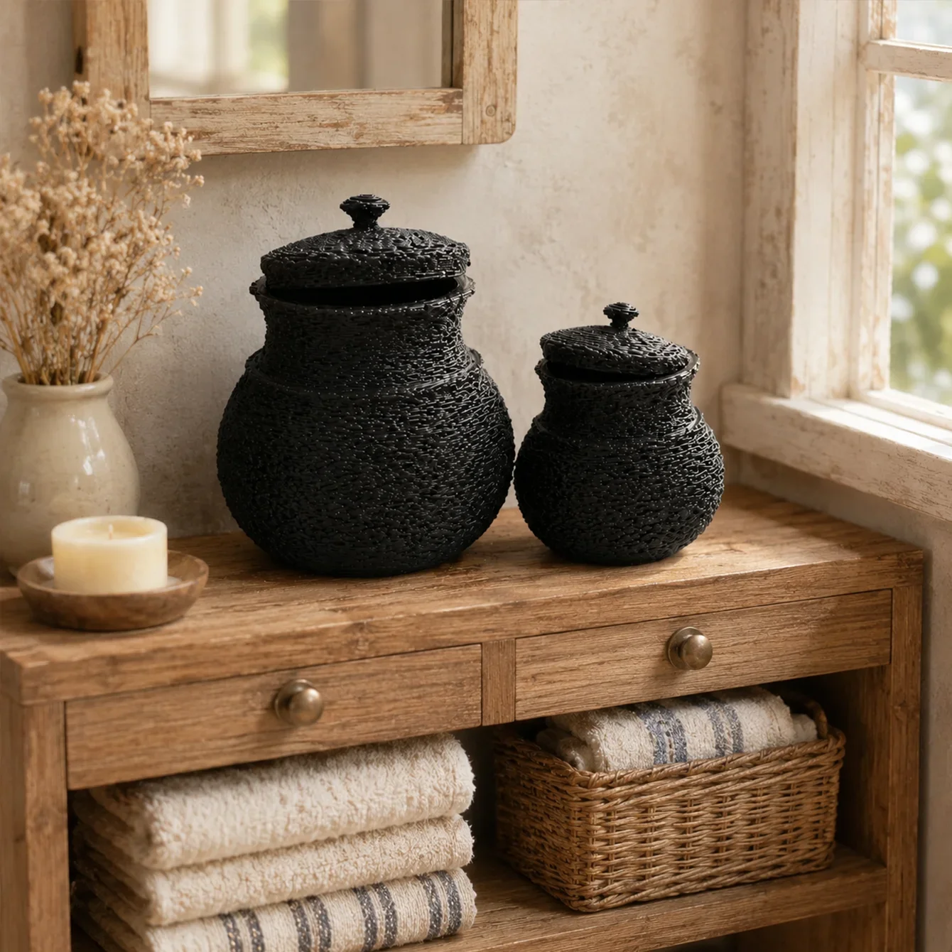 2 pcs/1 set Mini distressed storage cans with lids, ceramic jars, miniature accessories for the cottage courtyard kitchen.