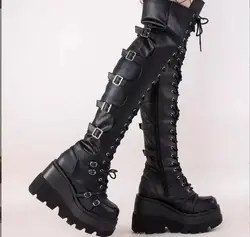 Fashion High Boots Women Platform Wedges Motorcycle Boot Over The Knee Army Stripper Heels Black Lace-up Belt Buckle Long Boots