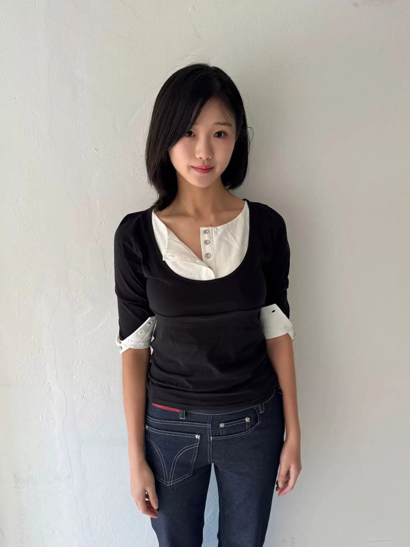 Slim Fit Korean Style Henry Collar T-Shirt Women's mid Sleeve Pasted Color Block Top Breathable Casual Summer Shirt