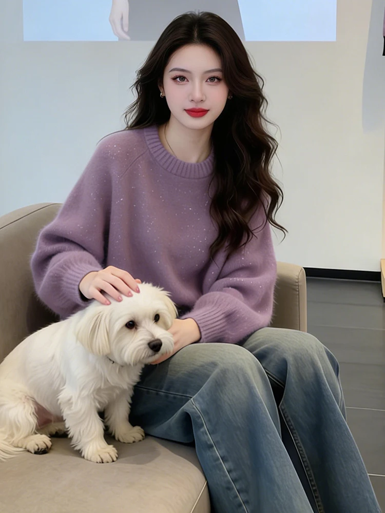 

Chic Korean Sle Women's Knitted Sweater Loose Lazy Faion Winter 2026 Breathable Comfortable Long Sve round Ne Top