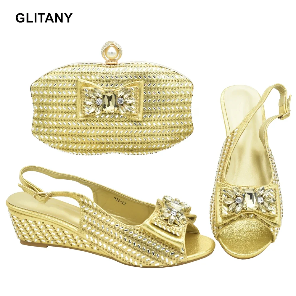 

New Arrival Africa Shoe and Bags Set Decorated with Appliques Wedges Shoes for Women Wedding Shoes Bride Elegant Luxury Pumps