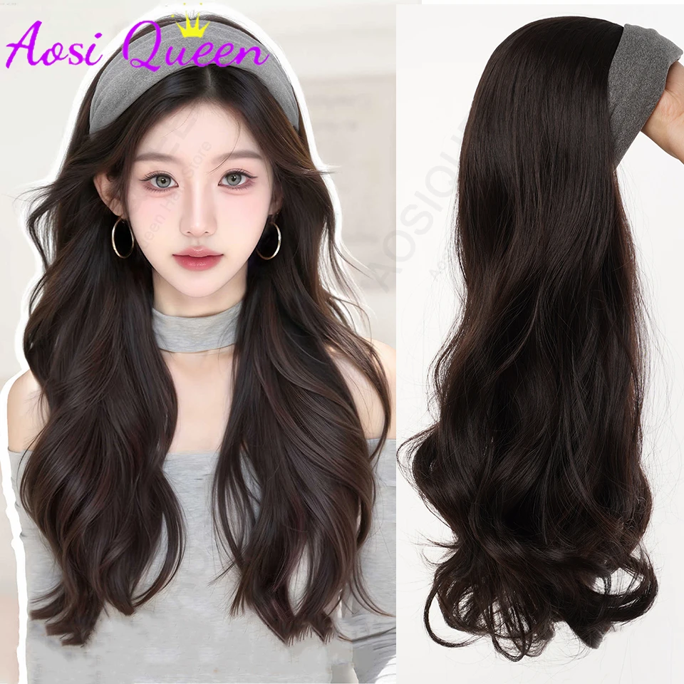 20inch Long Wavy Curly Hair Heat-resistant Synthetic Fiber Headband Wig for Women's Daily Party Accessory Headband Detachable