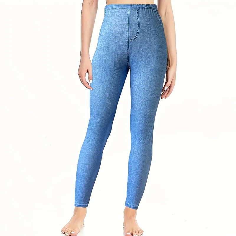 

Женские элегантные леггинсы из искусственного денима с принтом, изысканные брюки базового слоя, исключительно для женщин