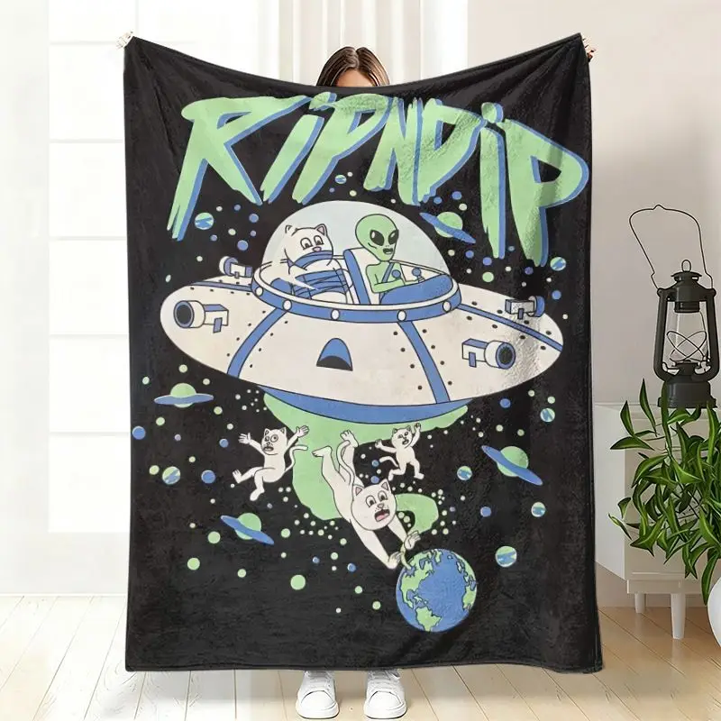 VIKAMA Psychedelic UFO Alien Flannel Throw Blanket Green Mushroom Peace Sign Print Soft Warm Sofa Bedroom Home Decor