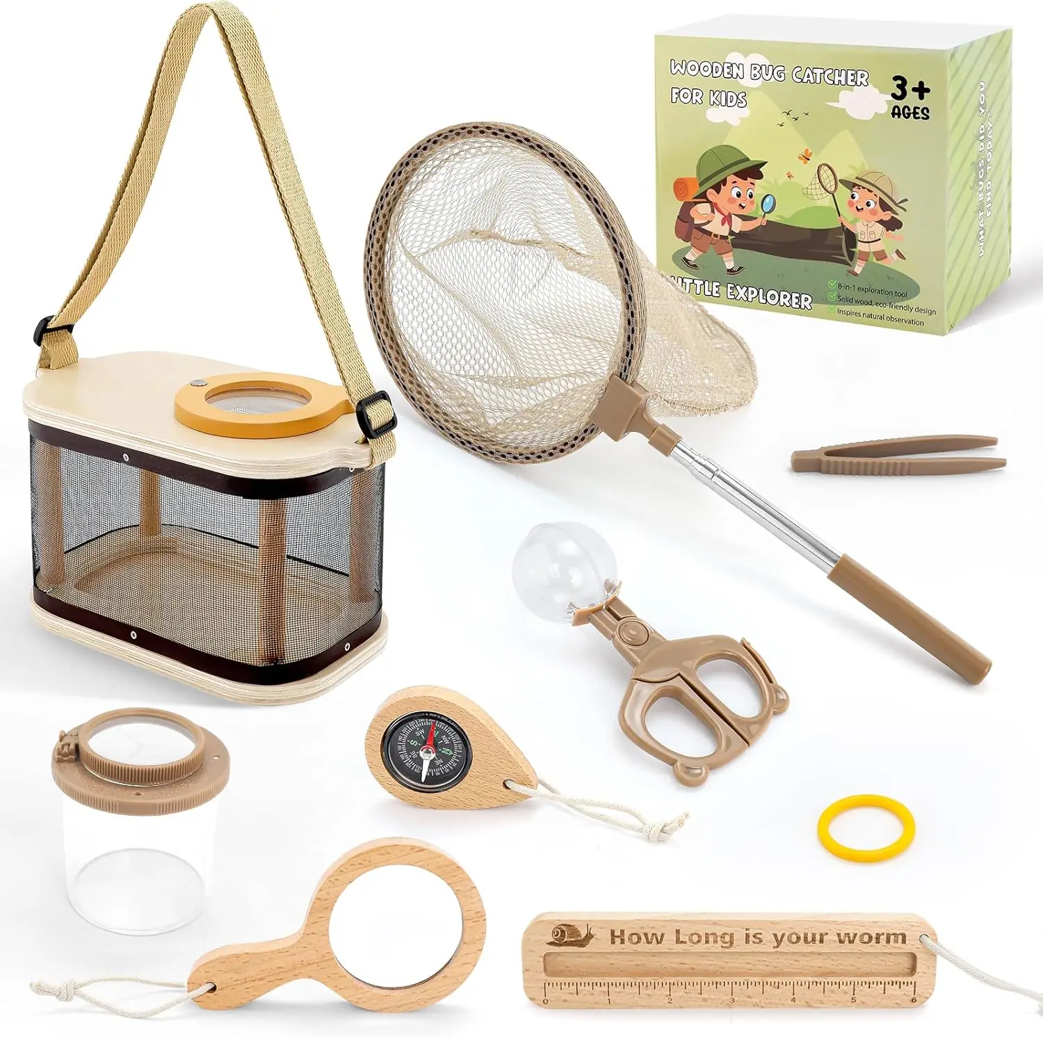 

Wooden Bug Catcher Kit for Kids, Outdoor Explorer Set with Net, Habitat & Magnifying Glass, Ages 3-12