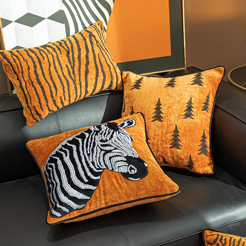 

Cushion Cover Sofa Backrest Cover Zebra Pattern Orange Geometric Simplicity Nordic Living Room Sofa, Embroidered Pillow Cover