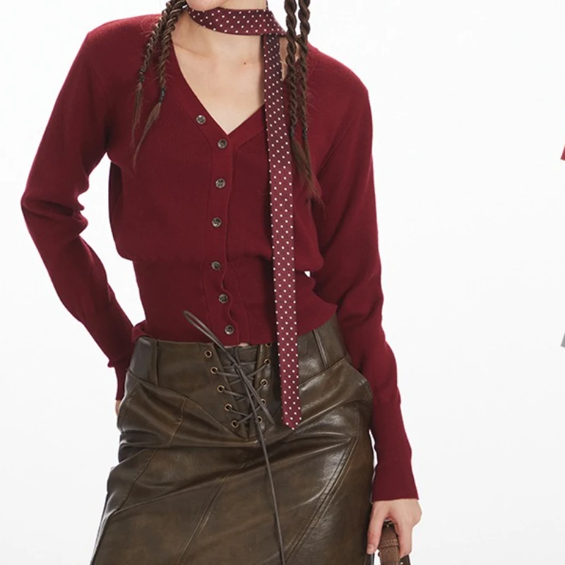 

Retro Autumn and Winter Long Sleeve V-neck Knitted Cardigan for Women, Elegant Waist-tie Outerwear.