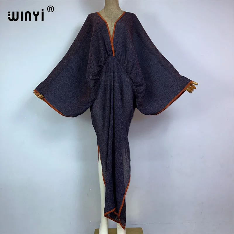 WINYI 2023 Solid color pleated edge deep V sexy maxi long dress Women batwing Sleeve holiday elegant evening dress fashion robes