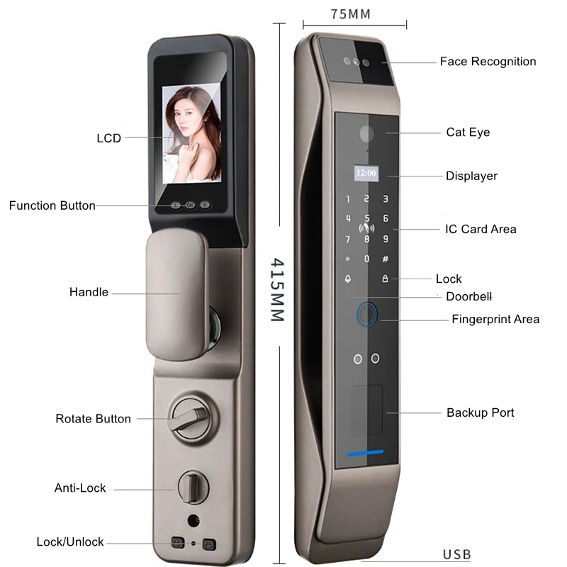 3D Face Recognition Tuya Fingerprint Smart Door Lock Cat Eye Type Camera Electronic Password Home Security Alarm Sensor Lock