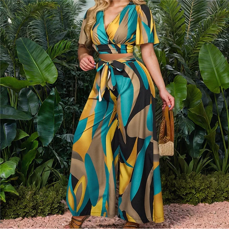 

ABRT-2 Piece Sets For Women Summer Short Sleeve Crop Top Wide Leg Pants Matching Lounge Set