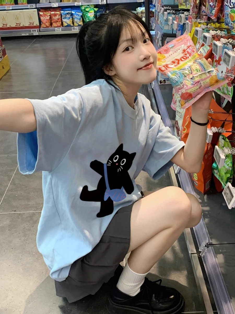 

Korean Sle Milk Blue ort Sve T-irt Women Summer New Oversize Sweet And Spicy Small Top Ins round Ne Commute Wind