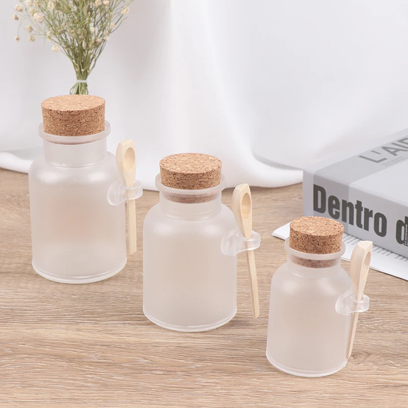 Plastic Refillable Frosted Seal Jar With Wooden Spoon Bath Salt ABS Bottle Soft Cork Storage Stopper Empty Travel Containers