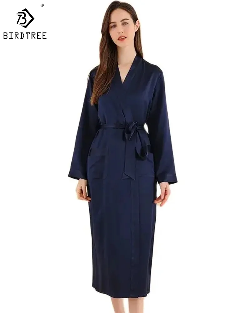 Birdtree 25MM 100%Real Silk Robe for Women, Silky Satin V-Neck, Elegant Natural Simple Pajamas, 2024 Spring Night-robe P42121QM