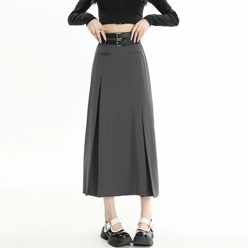 

Autumn High Waist Pleated Women's Wrap Long Skirts with Belted 2025 New Solid Elegant Office Straight A-line Skirts Female