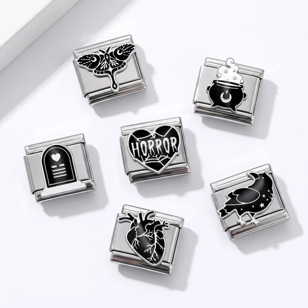 Gothic Horror Italian Charm Bracelet Halloween modular links Anatomical Heart Skull Enamel Dark Aesthetic Jewelry DIY Making Y2K