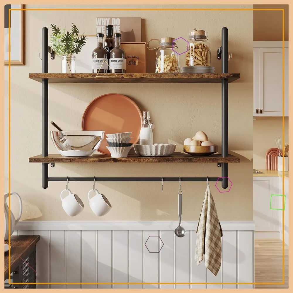 

Industrial Floating Shelf with Towel Bar Hooks, 31" Wall-Mounted Storage for Kitchen, Bathroom, Living Room Decor