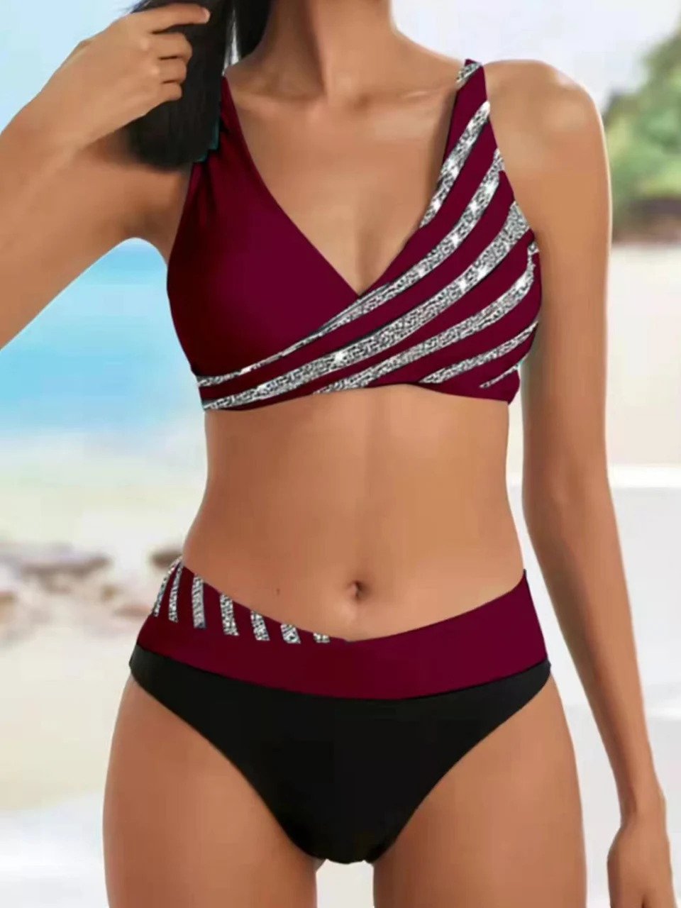 V Neck Bikini Set 2026 Women Stripe Print Patchwork Swimwear Summer Beachwear Swimsuit Female Bathers Bathing Swimming Suit 3XL