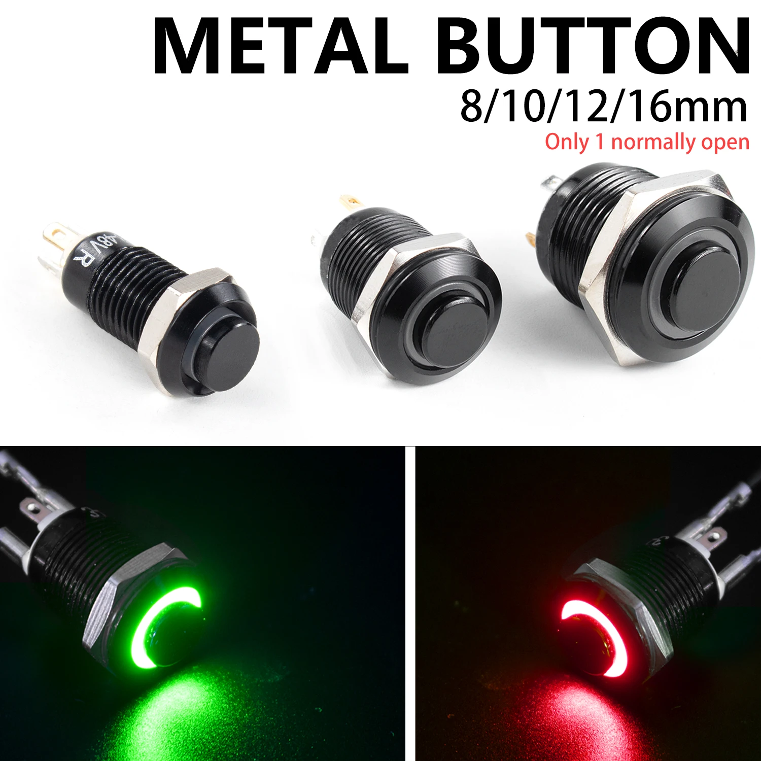

1NO 8/10/12/16MM High head Waterproof Metal Push Button Switch LED Light Self-lock/reset 3/6/12/24/220V Oxidized blac