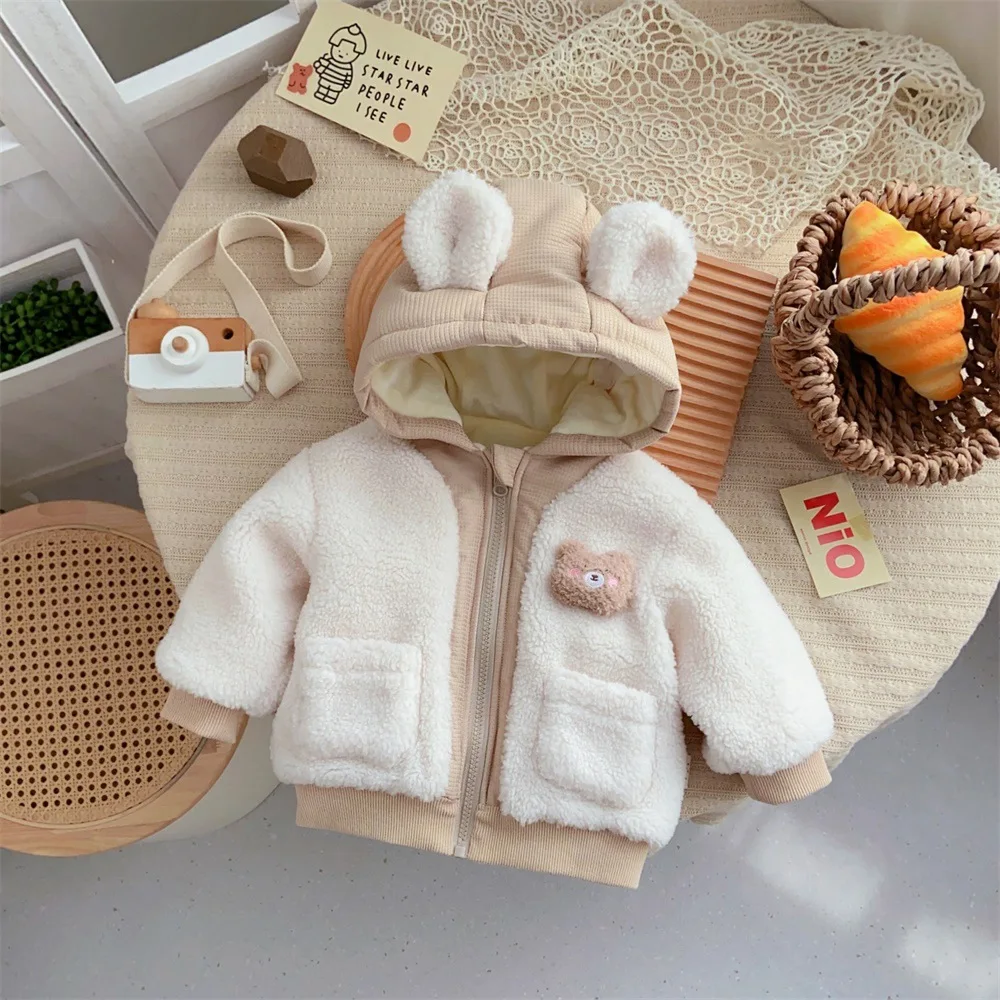 2024 Winter Korean Baby Girls Jacket Cotton Bear Plush Infant Baby Hooded Overcoat Pocket Zipper Toddler Warmer Outwear Coat