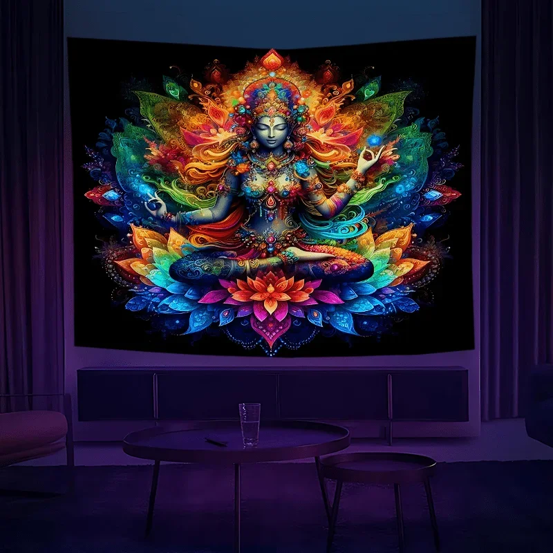 Hindu Goddess Tapestry Durga Lotus Throne Meditation Space Exotic Living Room Cultural Theme Room Decor