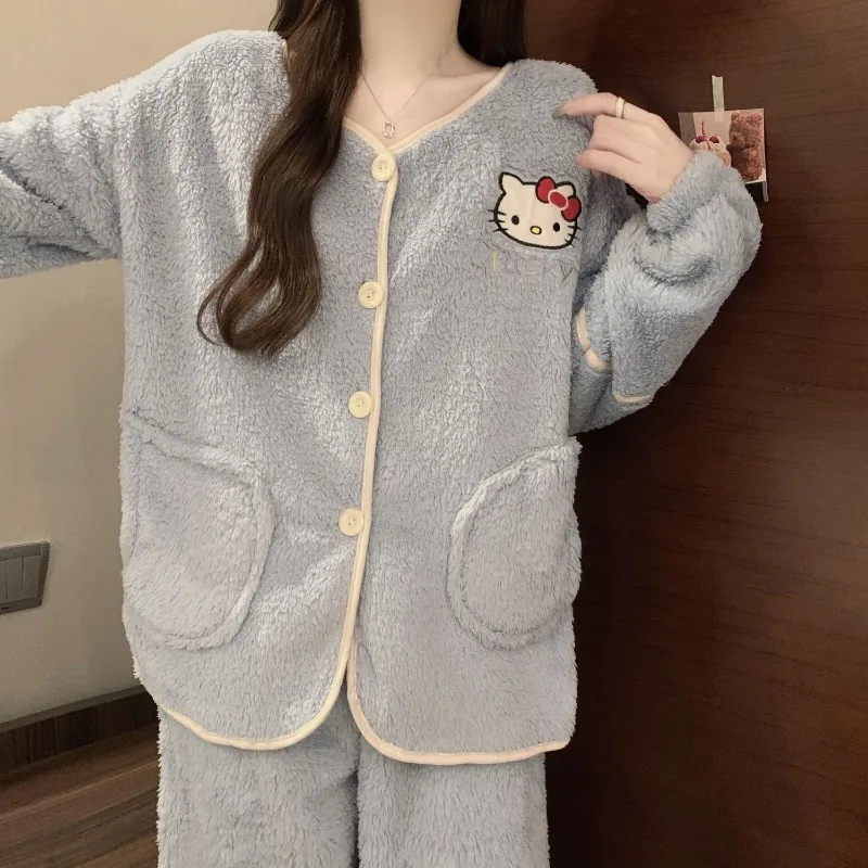 

Pajama Girl Autumn Winter Coral Velvet Soft and Thickened Cartoon Hellokitty Sweet and Warm Can Be Worn Outside Home Clothes Set