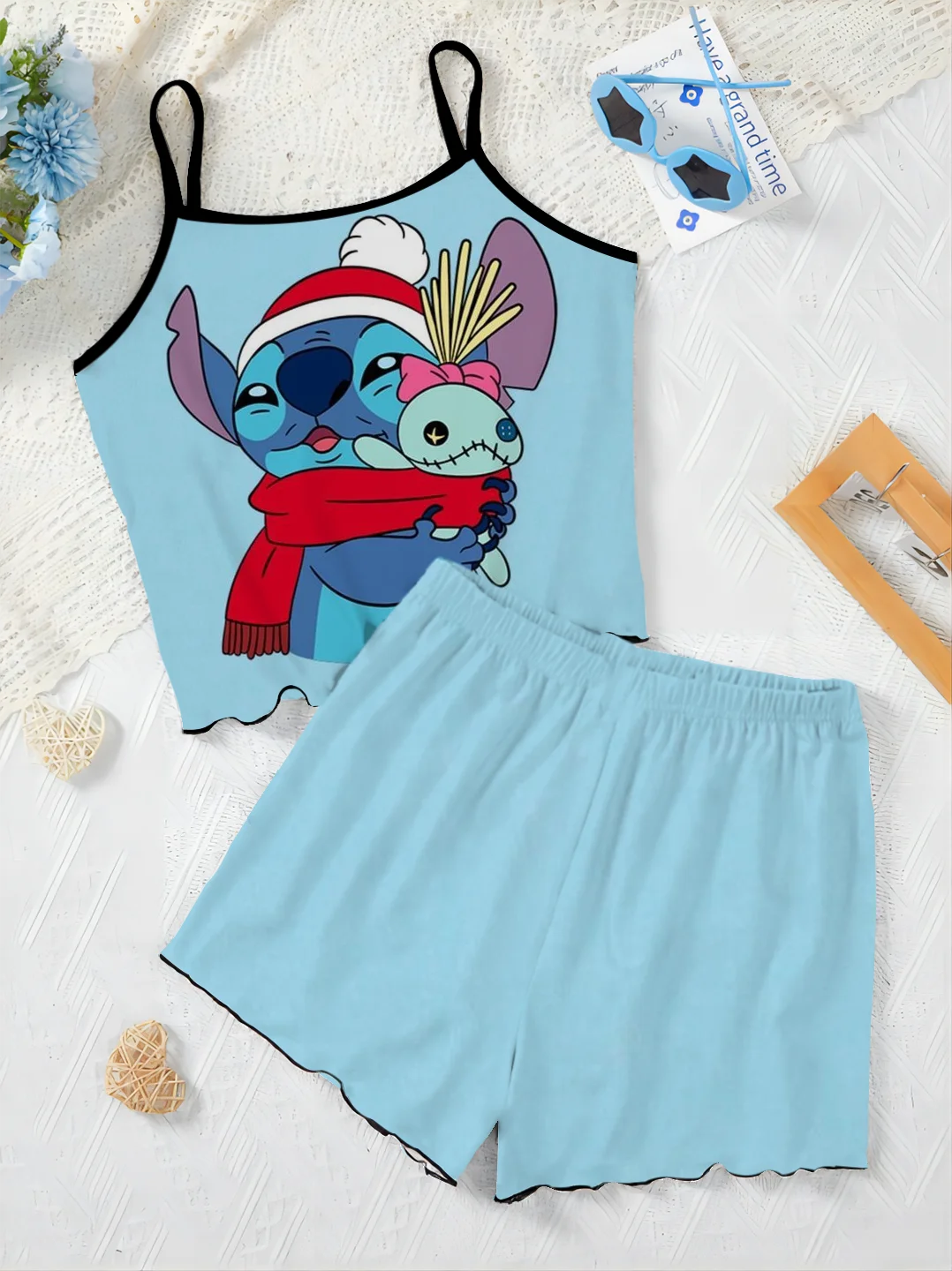 Conjuntos elegantes para mujer, falda de pijama con ribete de lechuga, vestido antideslizante, camiseta de puntada de Disney, de 2 piezas traje corto, vestido de Casa de Disney