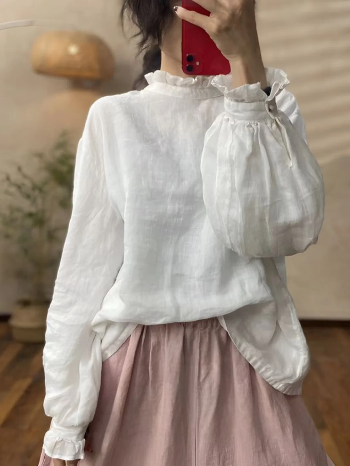 レッドレースカラーリネンirtレディースルーズランタンスリーブファッション春2025通勤スリーブレギュラースリーブロングスリーブトップ