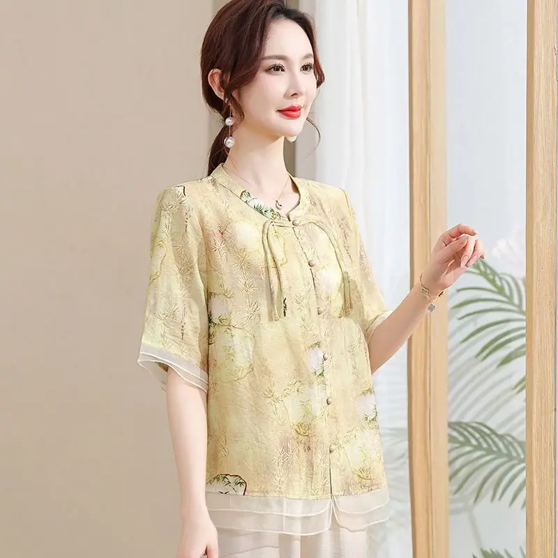 

Summer Shirt Fashionable Short Sleeve Thin Middle Aged and Elderly Women's Chiffon New Chinese Style Top