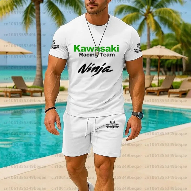 

2025 Hot Selling Men's Kawasaki Extreme Sports Rider Two-piece Set Fashionable Cool Motorcycle Men's Sports Round Neck T Shirt 2