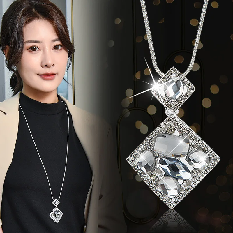 

Geometric irregular-shaped crystal pendant long necklace, versatile and personalized sweater chain clothing accessory