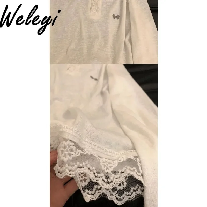 Korean Fashion Kawaii T-shirts Autumn New in Hottie Pure Lace Hooded Long Sleeved Camisetas Women's Loose Sunscreen Blouse Tops