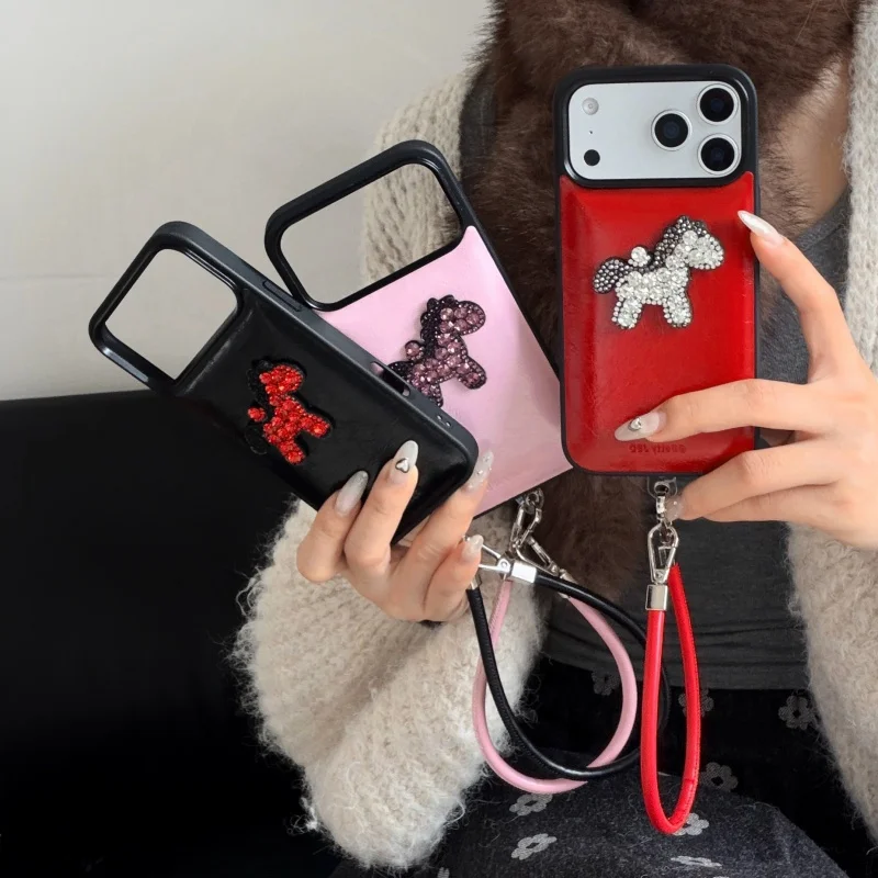 

Luxury 3D Gliiter Diamond Horse Leather Phone Case For iPhone 17 Pro 16 15 14 Pro Max Back Cover with Hand Rope Fashion Cute Cas