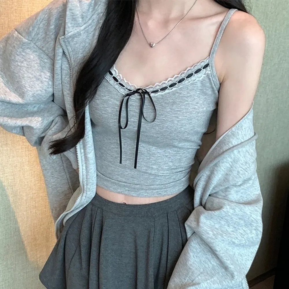 Waist-cinching Sleeveless Slim Lace Crop Top Y2k Solid Color Girl's Vest Top Sweet Bottoming Shirt Camisole with Pads Streetwear