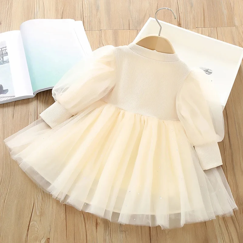 Princess Girls Dresses Long Sleeve Bow Tulle Dress for Baby Girls Spring Autumn Lace Dress Party Vestido Children Casual Clothes