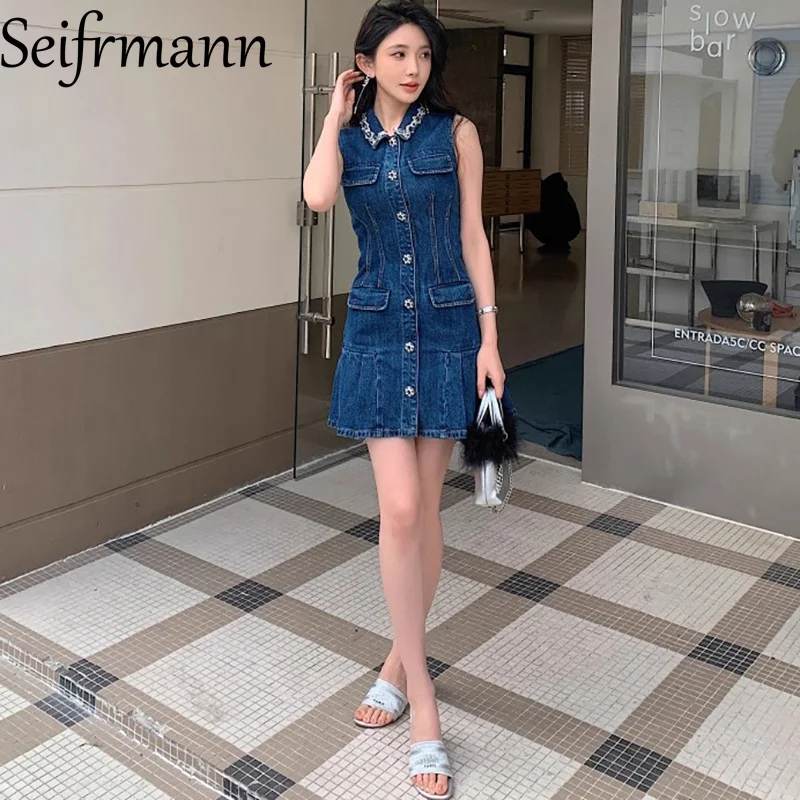 Seifrmann 2026 Spring Women's New Fashionable lapel Sleeveless Single breasted Waist cinching pleated Dress