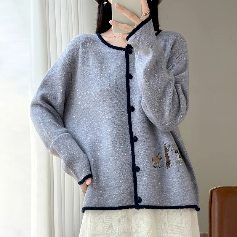 Autumn Women's 100% Merino Wool Cardigan Sweater O‑Neck Contrast Binding Whimsical Animal Embroidery Playful Knit Outerwear 2
