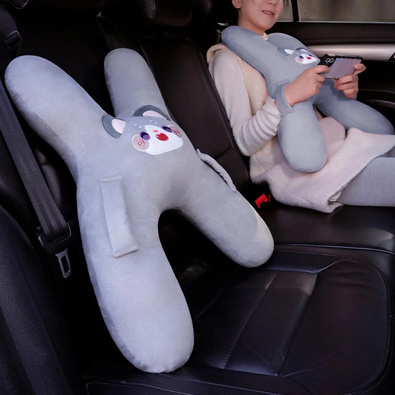 H-Shaped Plush Head Support Cushion Kids Car Sleeping Pillow Cat Embroidery Rear Seat Cushion for Child Boy Girls Road Trip