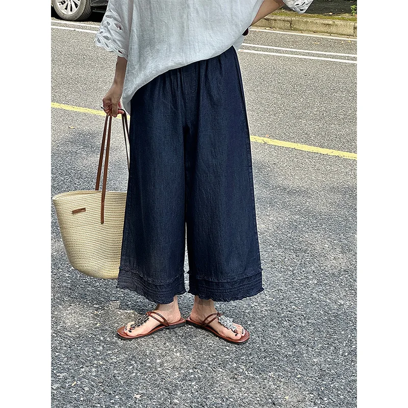 SuperAen Korean-style Denim Lace Spliced Straight Pants for Women Elastic Waist Black Edible Tree Fungus Casual Wide-leg Pants