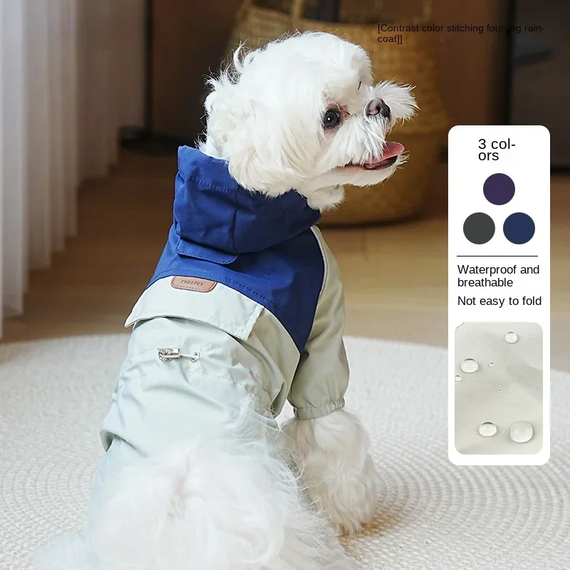 

Pet Clothes Color Contrast Patchwork Four Seasons Raincoat Puppy Clothes Outdoor Waterproof All-Inclusive Four-Leg Cloak
